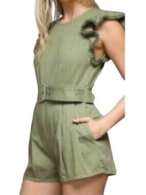 DO+BE Green Ruffle-Sleeve Belted Romper Size S